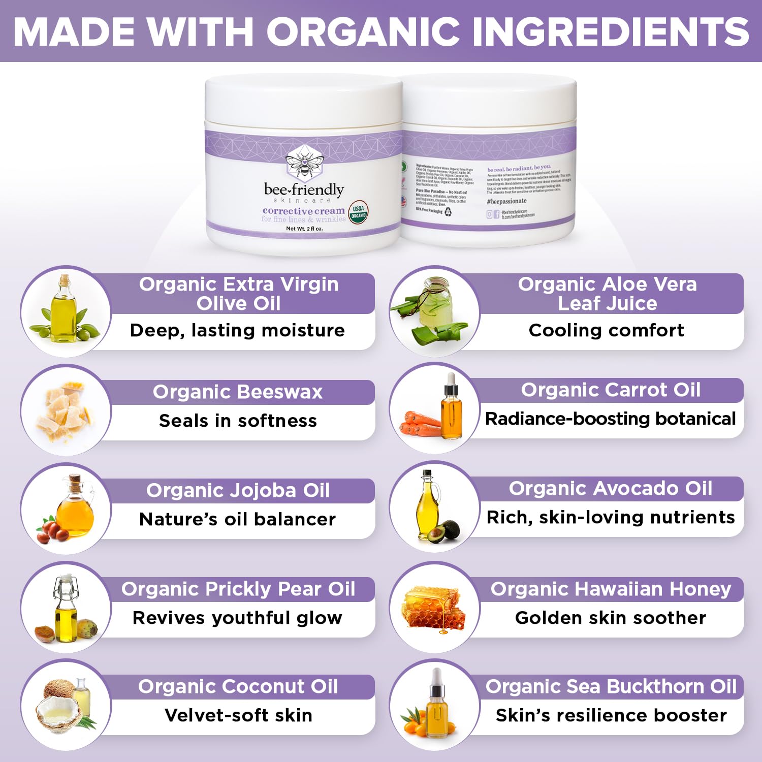 BeeFriendly ingredientes orgánicos: jojoba, oliva y aguacate nutren la piel