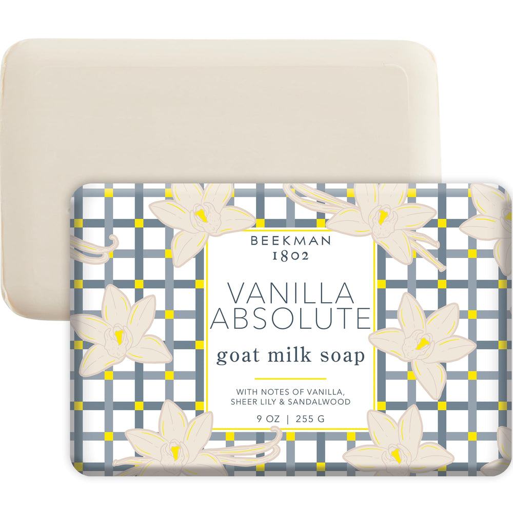 Beekman 1802 Jabon Barra Leche de Cabra Vanilla Absolute, embalaje elegante para piel sensible.