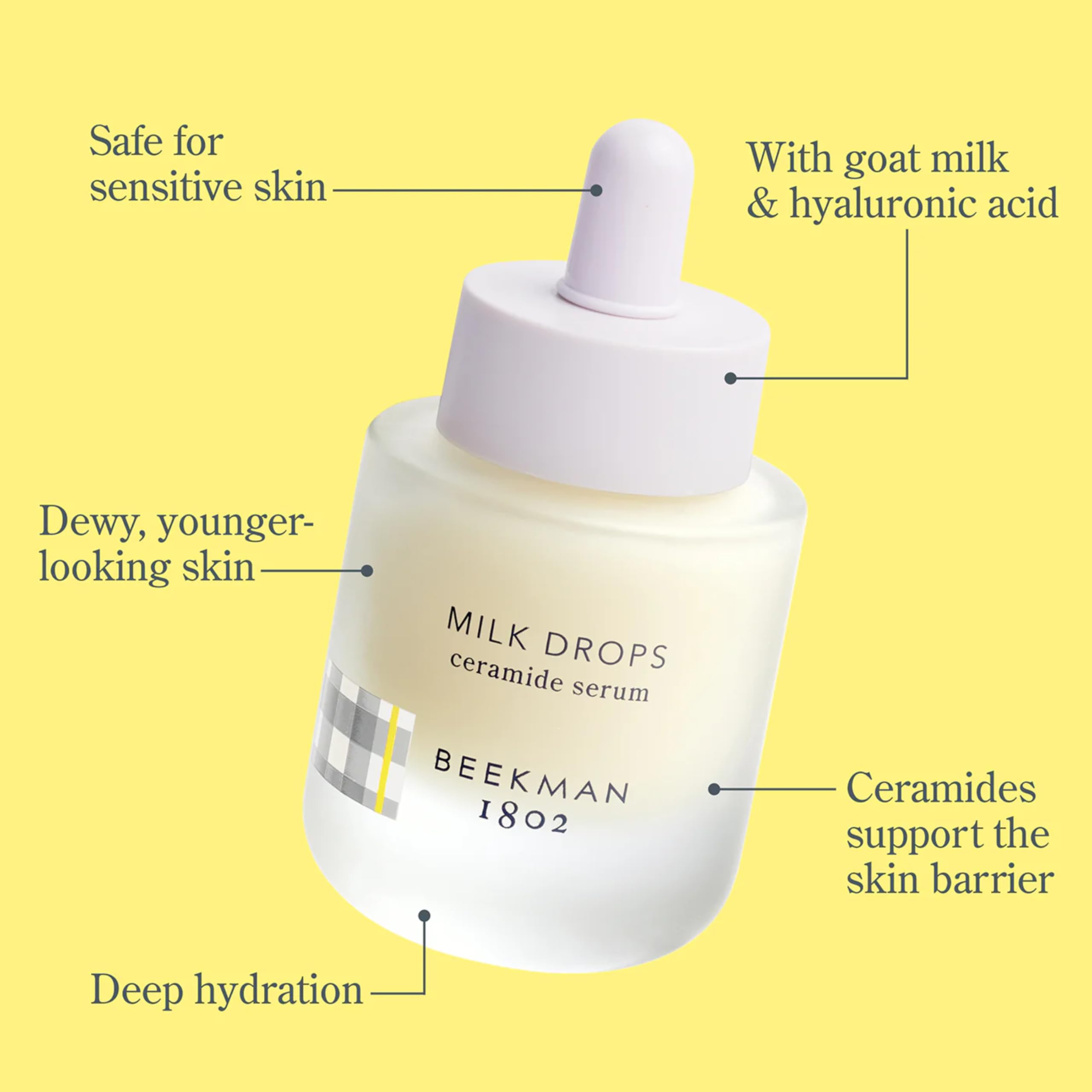 Gota de Beekman 1802 Milk Drops Serum cayendo para dosificación precisa.