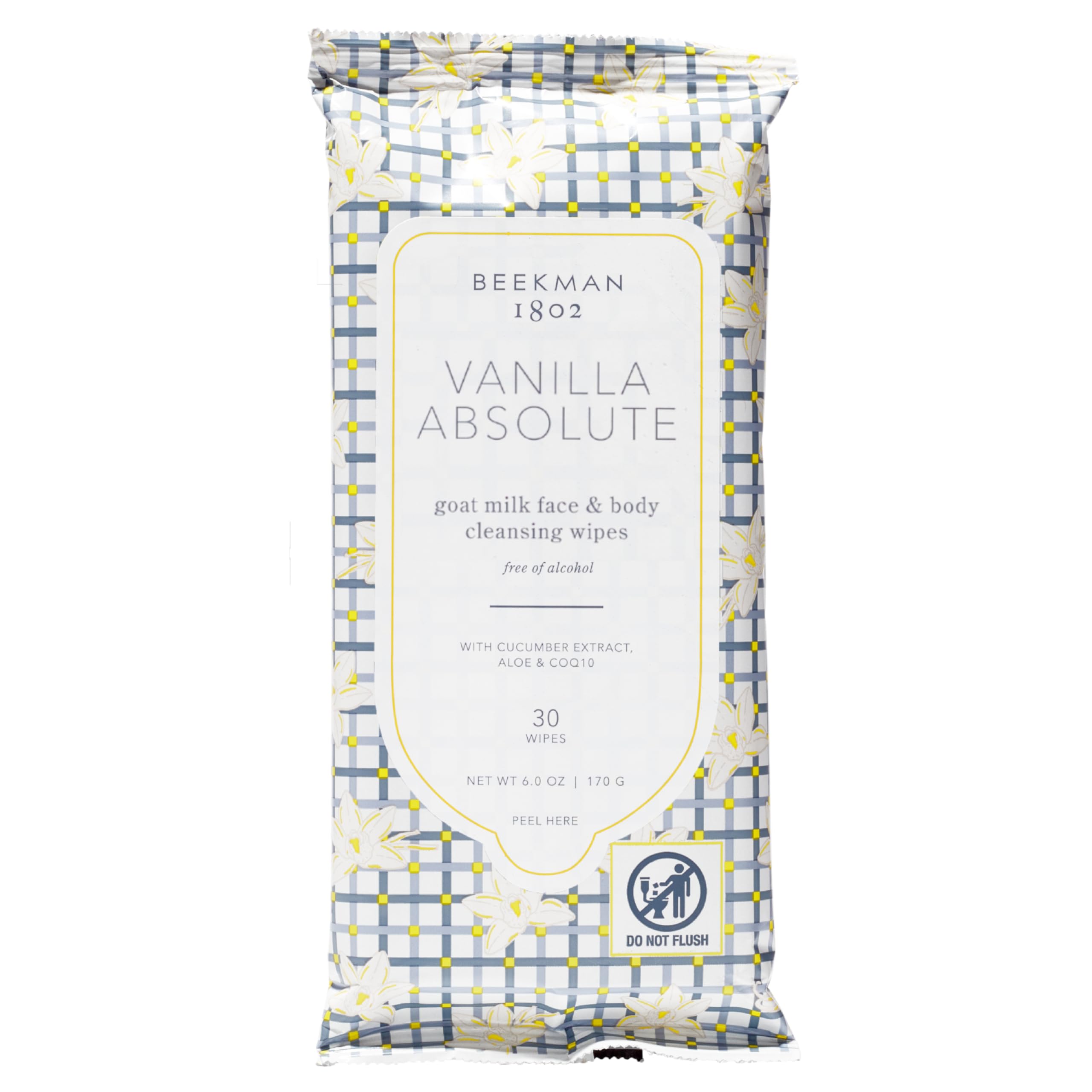 Beekman 1802: toallitas faciales y corporales Vanilla Absolute en empaque práctico.