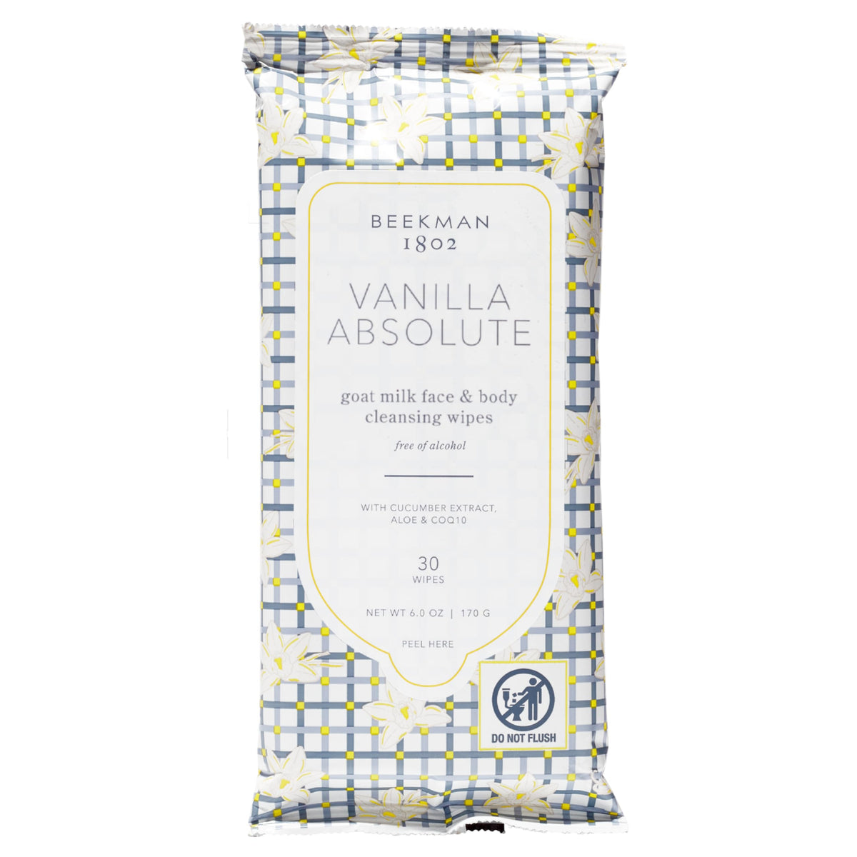 Beekman 1802: toallitas faciales y corporales Vanilla Absolute en empaque práctico.