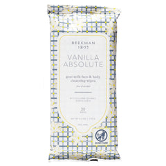 Beekman 1802: toallitas faciales y corporales Vanilla Absolute en empaque práctico.