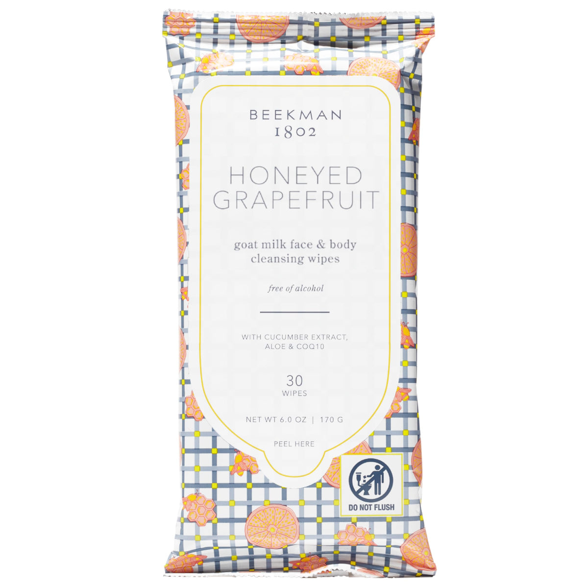 Beekman 1802 toallitas faciales pomelo miel, empaque visible, limpieza suave sin alcohol.