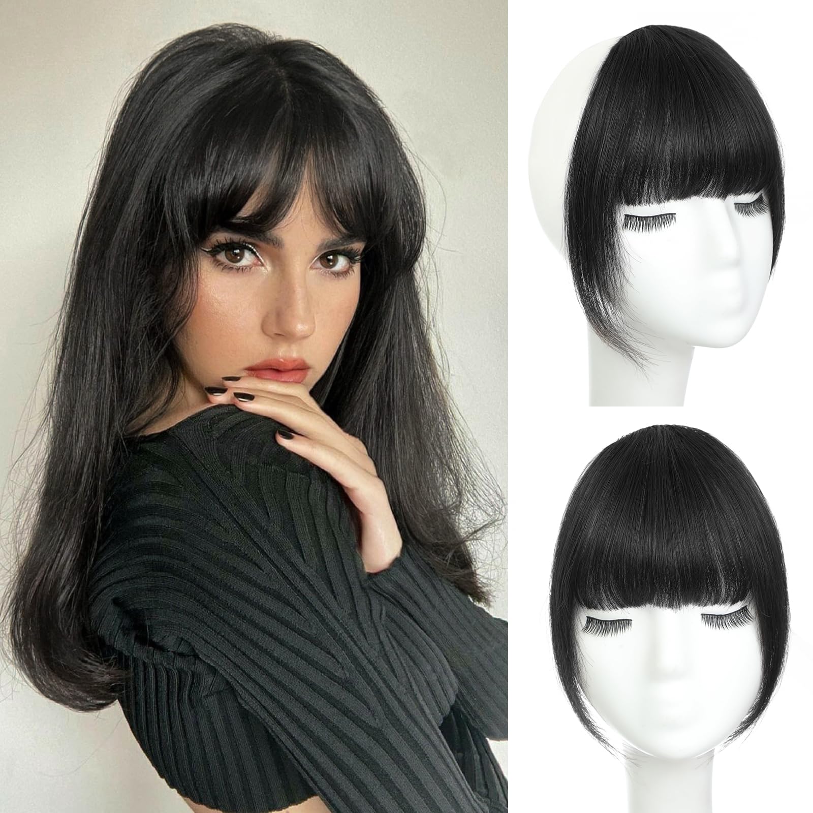 Beelu franja francesa natural negra con clip, aspecto realista para uso diario.