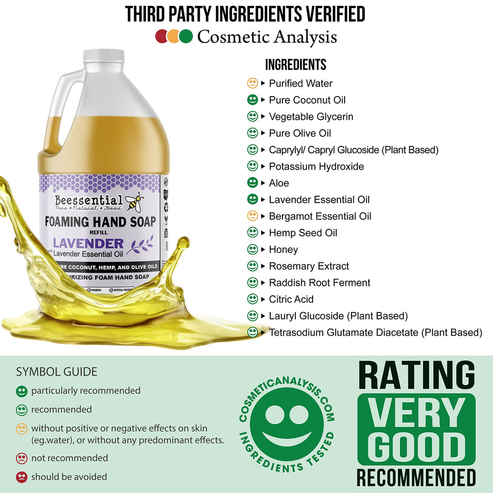 Beessential lavender soap pour showing rich, moisturizing lather.