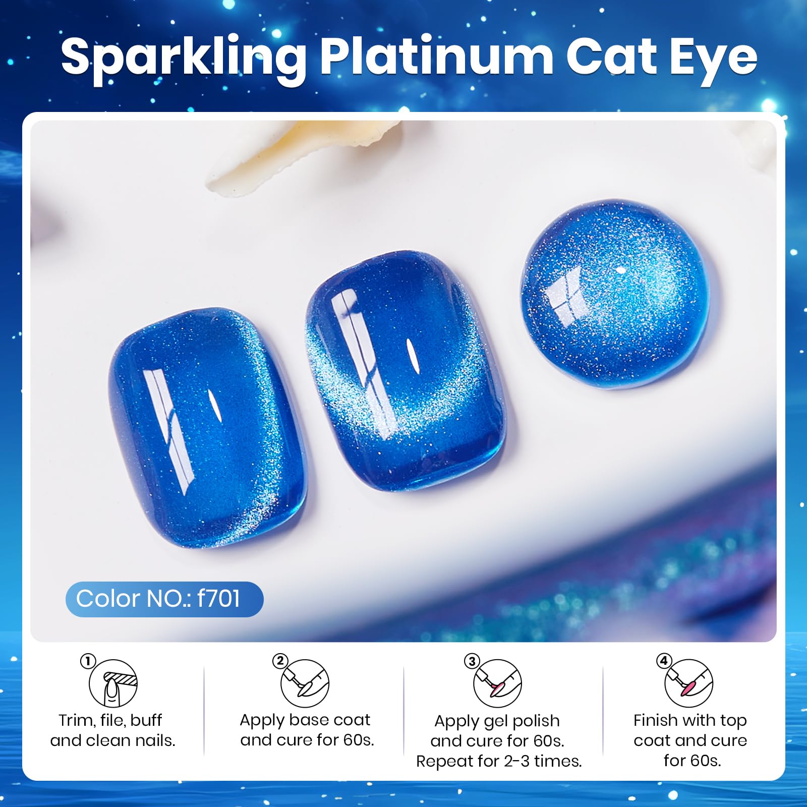 Beetles Esmalte en gel azul con brillo intenso y efecto ojo de gato.