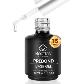 Beetles Base Gel, botella cercana, mejora adherencia uniforme para uñas.