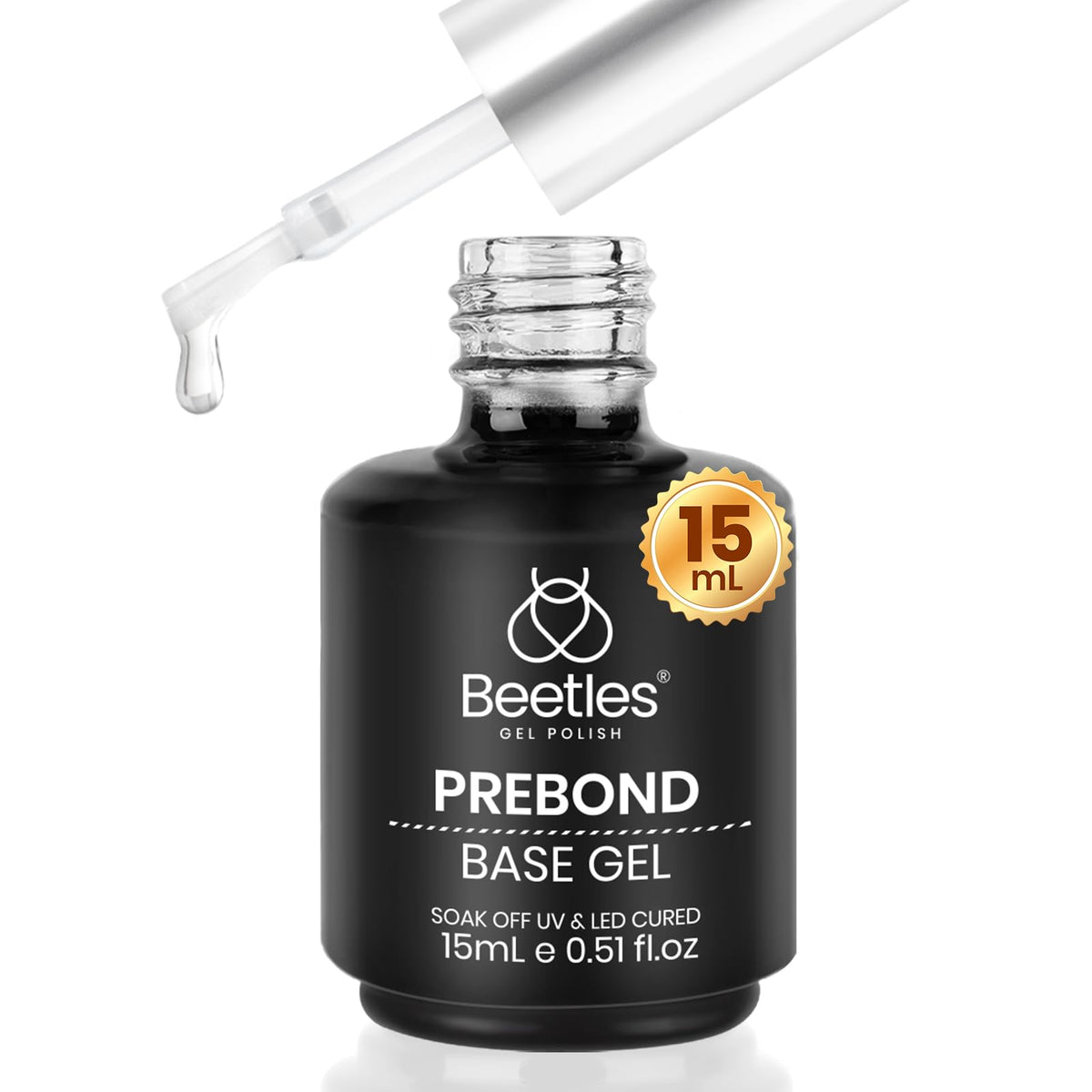 Beetles Base Gel, botella cercana, mejora adherencia uniforme para uñas.