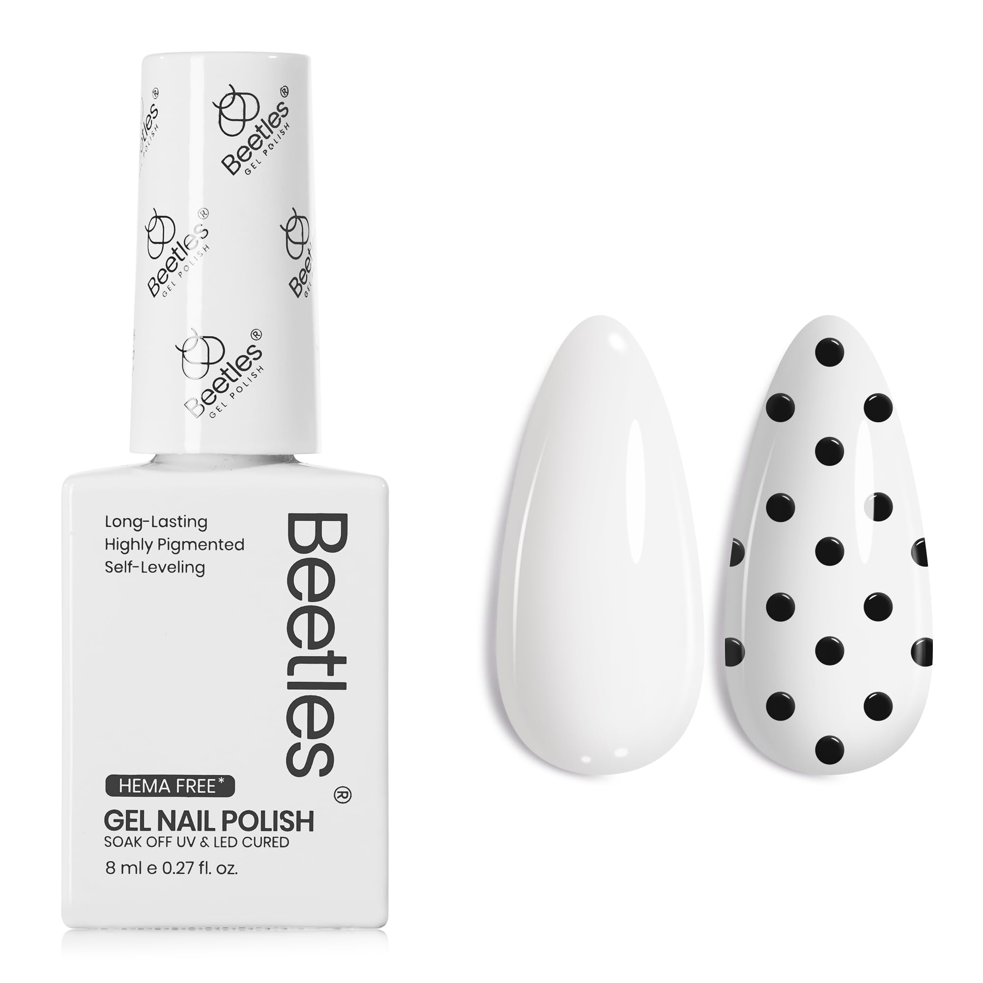 Beetles esmalte de gel blanco: botella de tono blanco puro, ideal para uñas francesas brillantes.