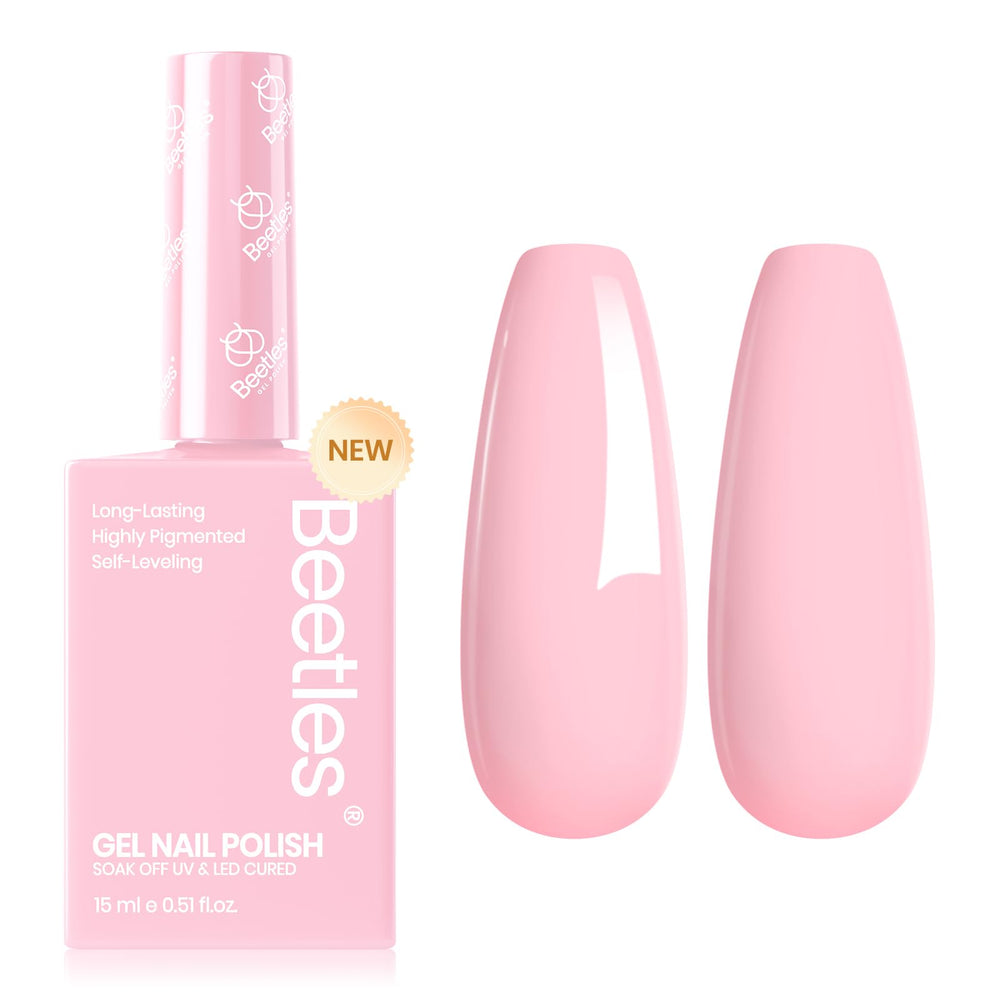 Beetles Gel Polish: botella rosa algodon-azucar, tono suave para uñas elegantes.