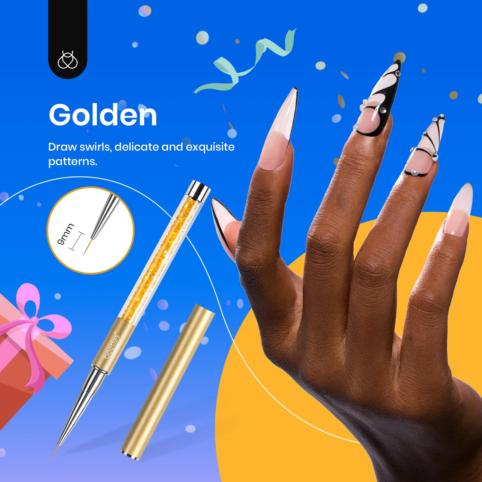 Beetles Gel Polish: brocha 9mm en dorado para líneas elegantes en uñas