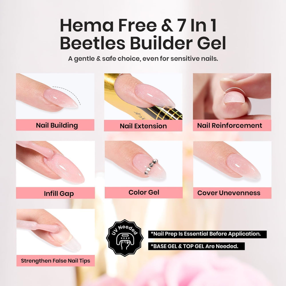 Beetles Builder Gel Rosa cubre defectos para un aspecto uniforme.