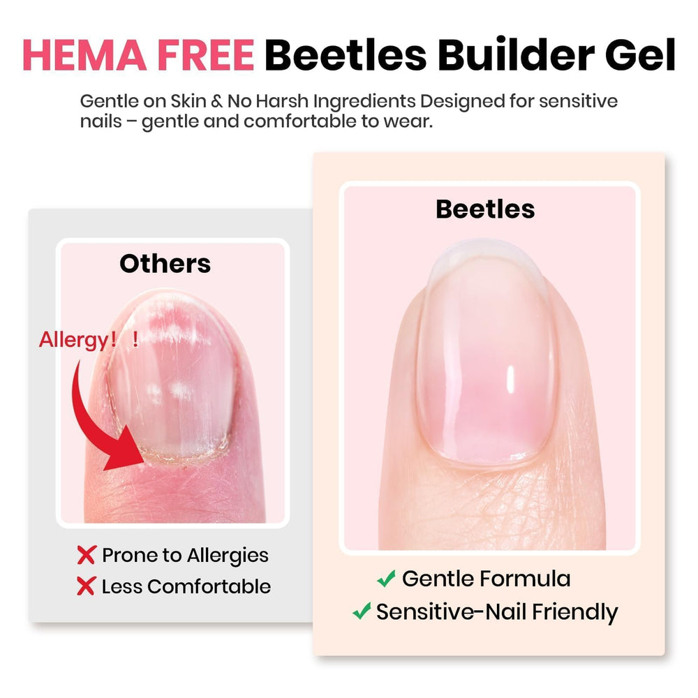 Beetles Builder Gel Rosa Pristine Grace sobre uña, aplicación suave para grosor uniforme.