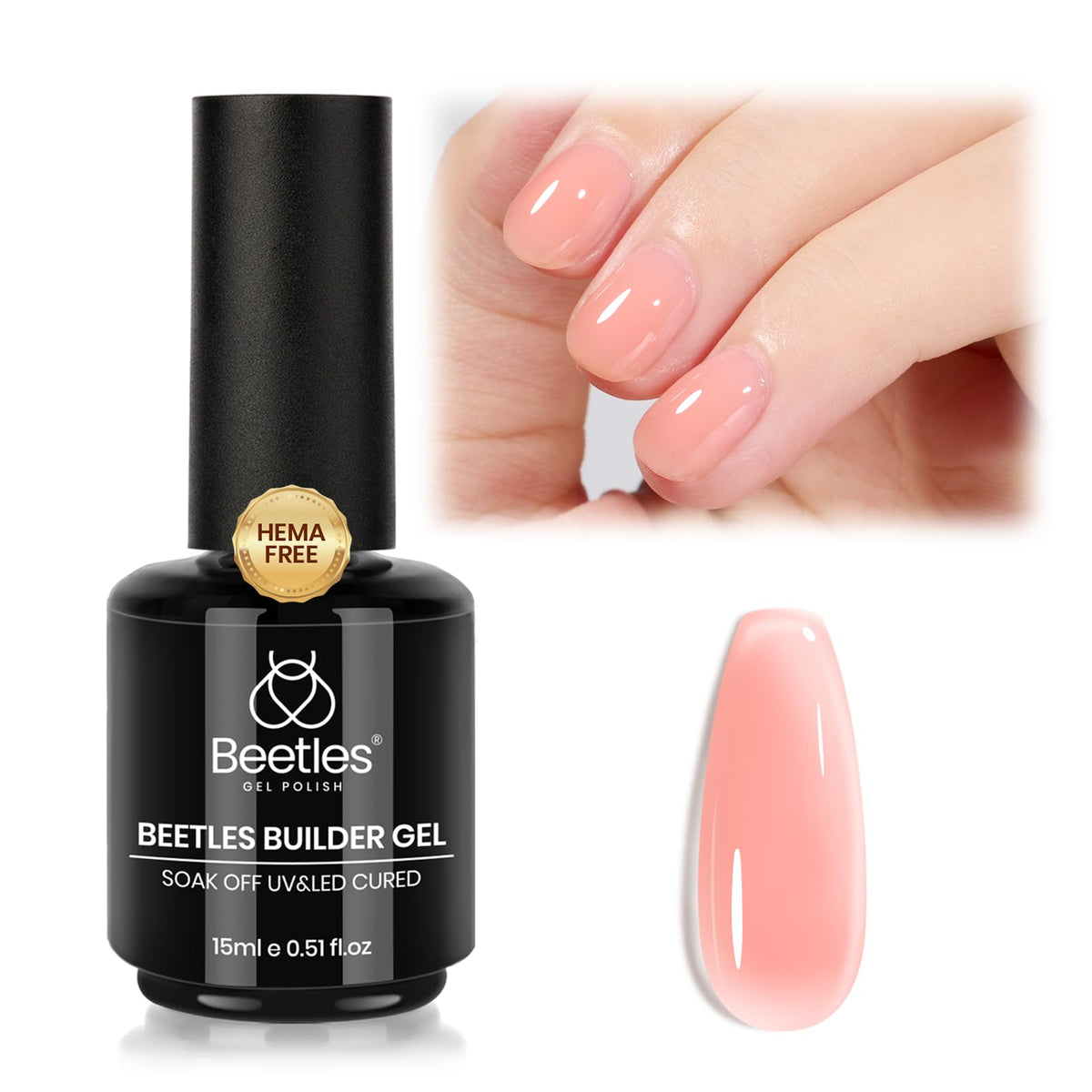 Beetles Builder Gel rosado nude en botella, acabado natural.