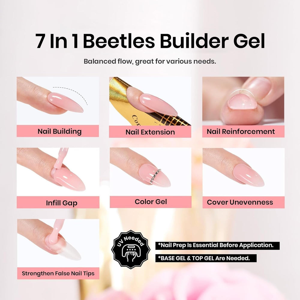 Beetles Builder Gel nude translúcido, modelado controlado para extensiones limpias.