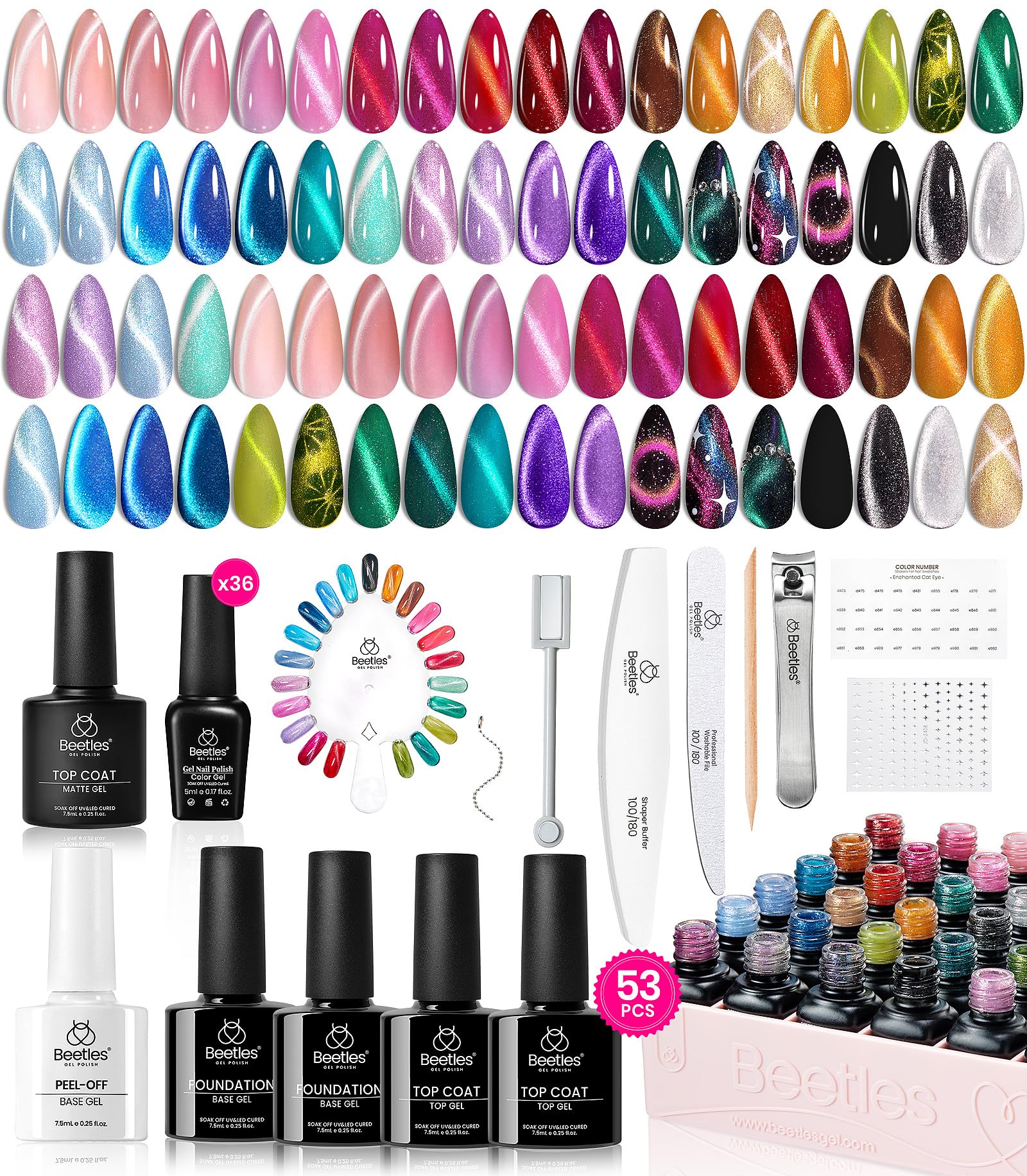 Beetles Gel Polish: paleta de 36 esmaltes gel con efectos ojo de gato para uñas.