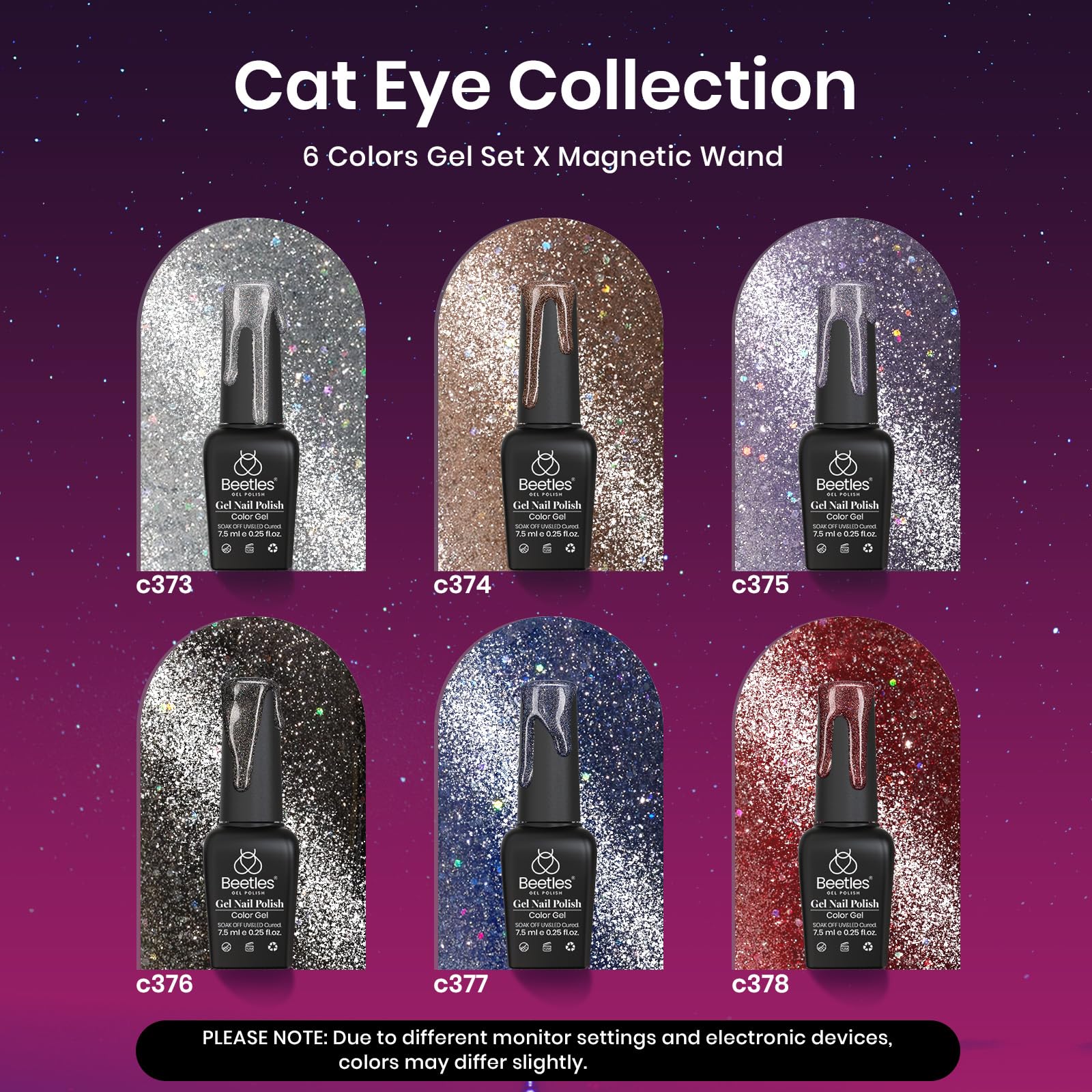 Beetles Cat Eye Glitter Rojo Púrpura Azul: seis colores brillantes para uñas.