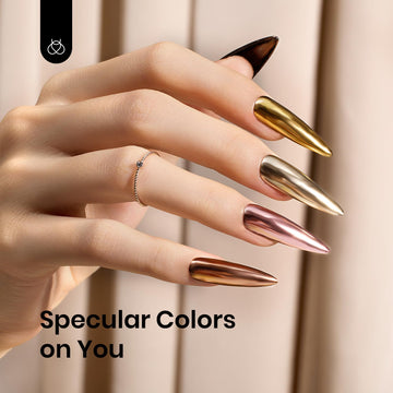 Beetles chrome powder on nails close-up shows smooth texture and gloss.
