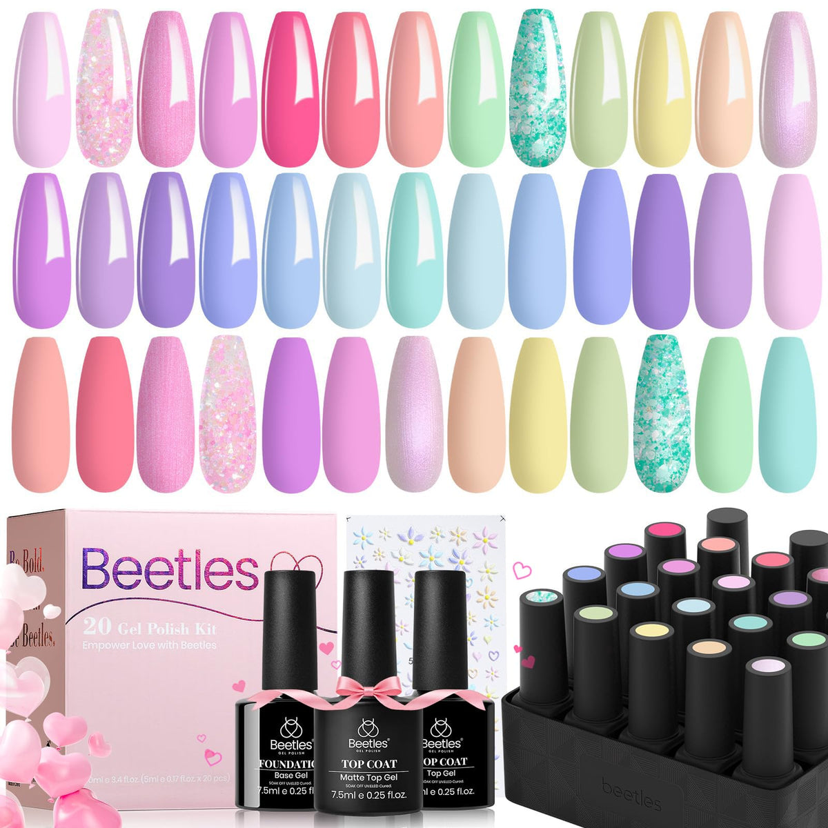 Beetles gel rosa pastel, botellas en primer plano para variedad de colores duraderos.