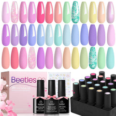 Beetles gel rosa pastel, botellas en primer plano para variedad de colores duraderos.