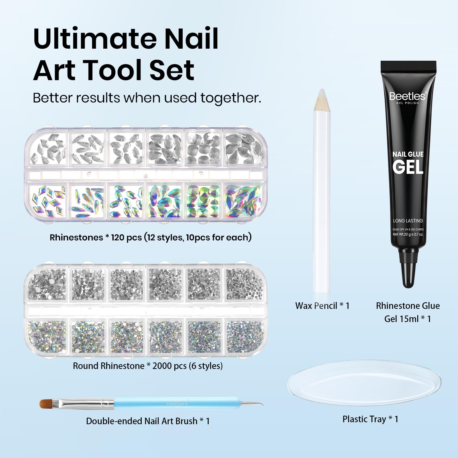Beetles cristales AB, 1200 piezas, ideal para brillo duradero en uñas.