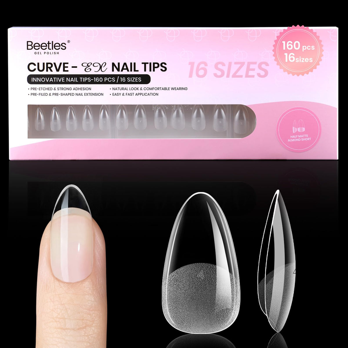 Beetles Curve-EX Almendra Corta: puntas con ajuste perfecto para acabado natural.