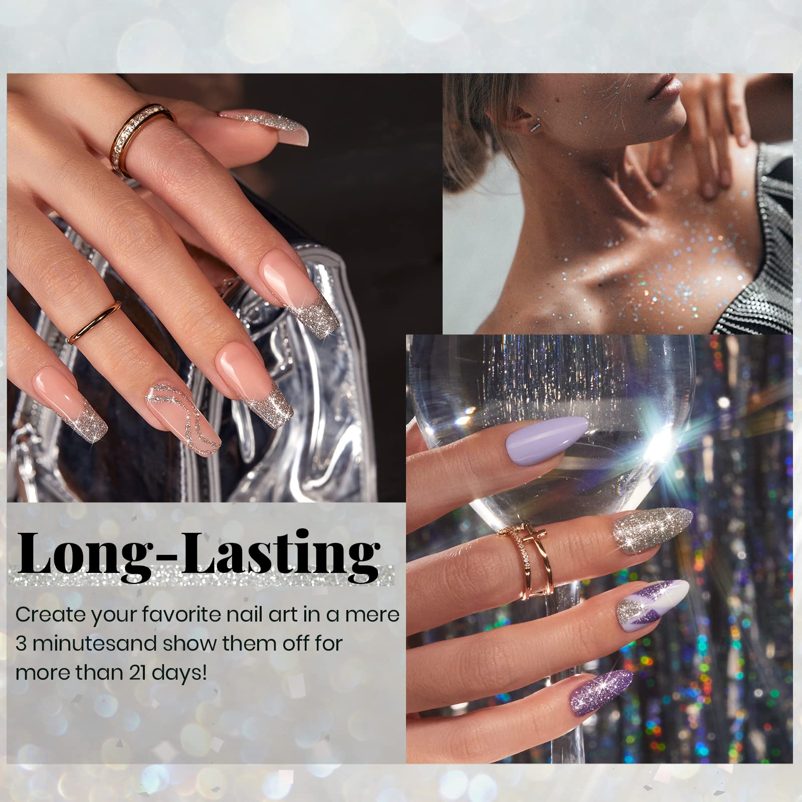 Diseño con efecto diamante en uñas visible bajo diferentes luces.