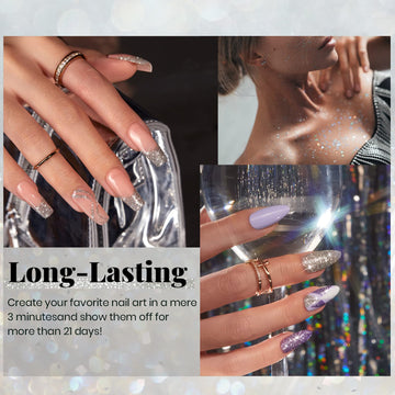 Diseño con efecto diamante en uñas visible bajo diferentes luces.