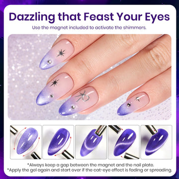 Beetles opción casera para uñas con efecto ojo de gato morado.