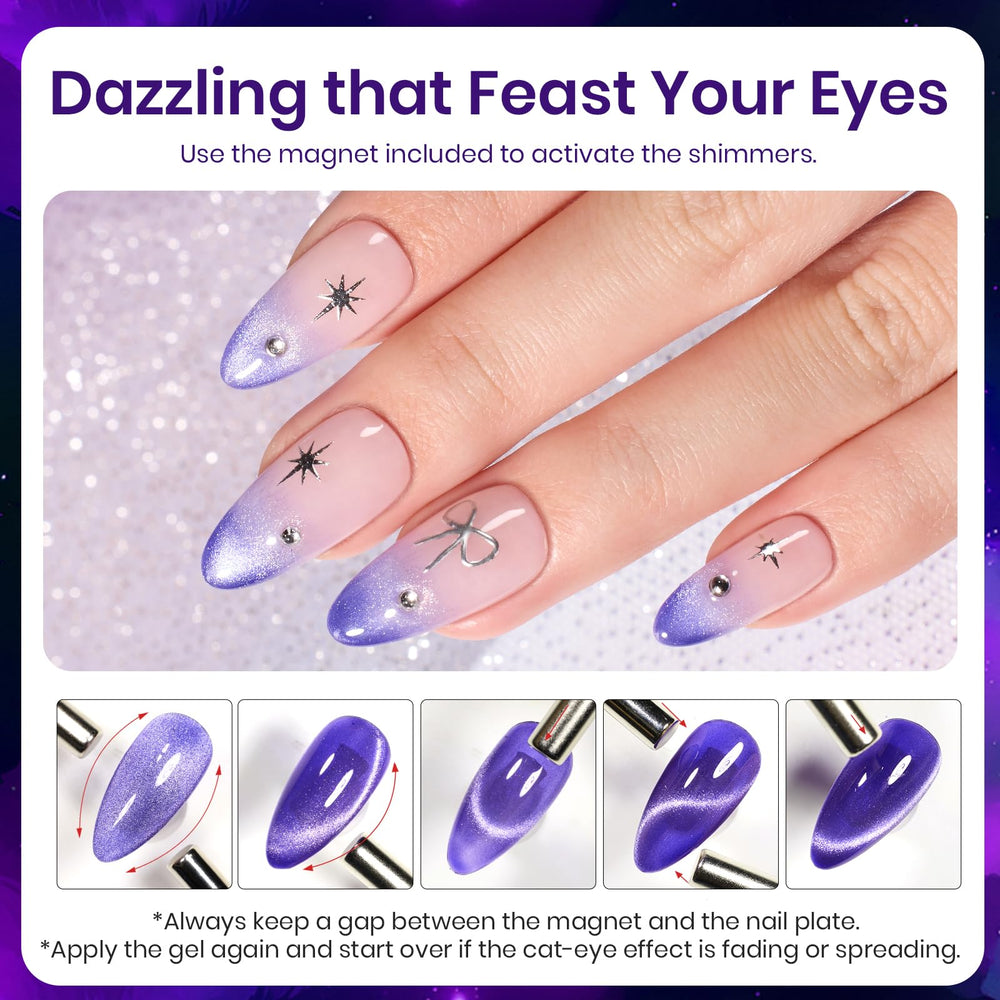 Beetles opción casera para uñas con efecto ojo de gato morado.