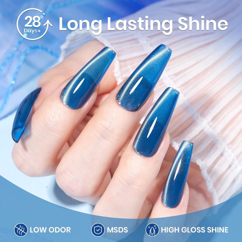 Beetles esmalte azul ojo de gato con efecto magnético versátil para diseño.