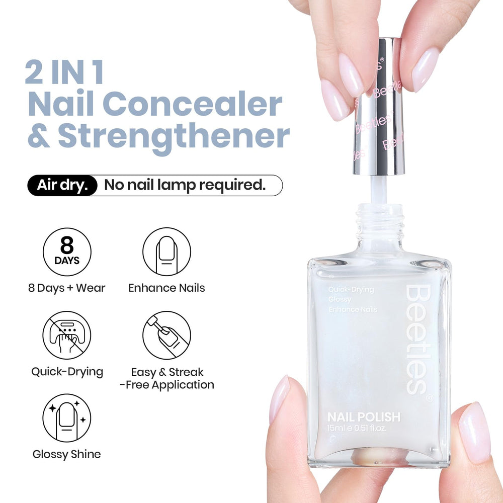 Beetles Esmalte Blanco muestra cobertura total en una muestra de uñas.