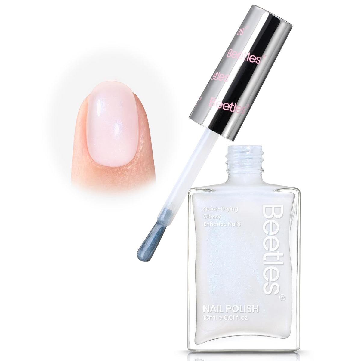 Beetles Esmalte Blanco secado rápido en botella con acabado brillante.