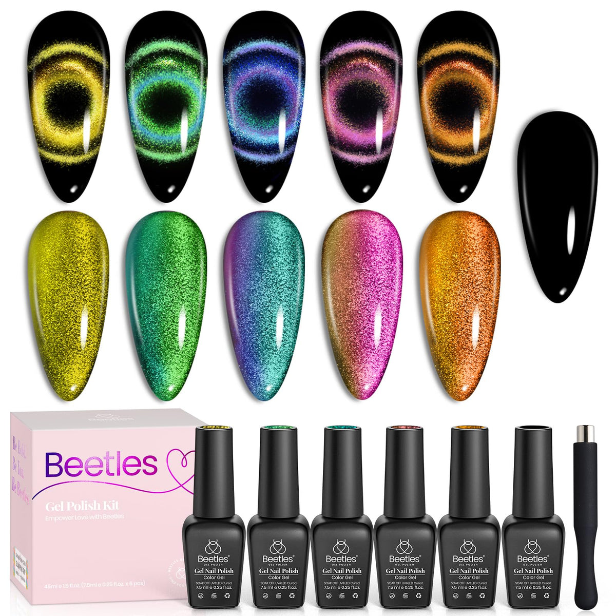 Beetles Esmalte en Gel ojo-gato set 6 colores, tema nocturno para uñas brillantes