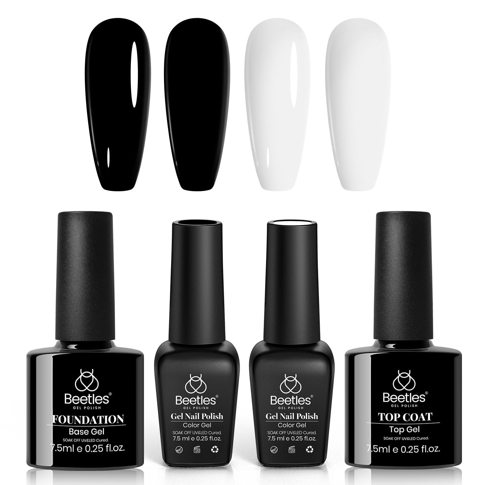 Beetles gel blanco y negro de 4 piezas para manicura.