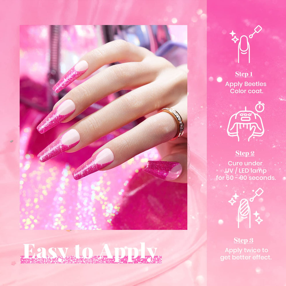 Beetles esmalte gel brillo para uñas rosas, fácil de aplicar.