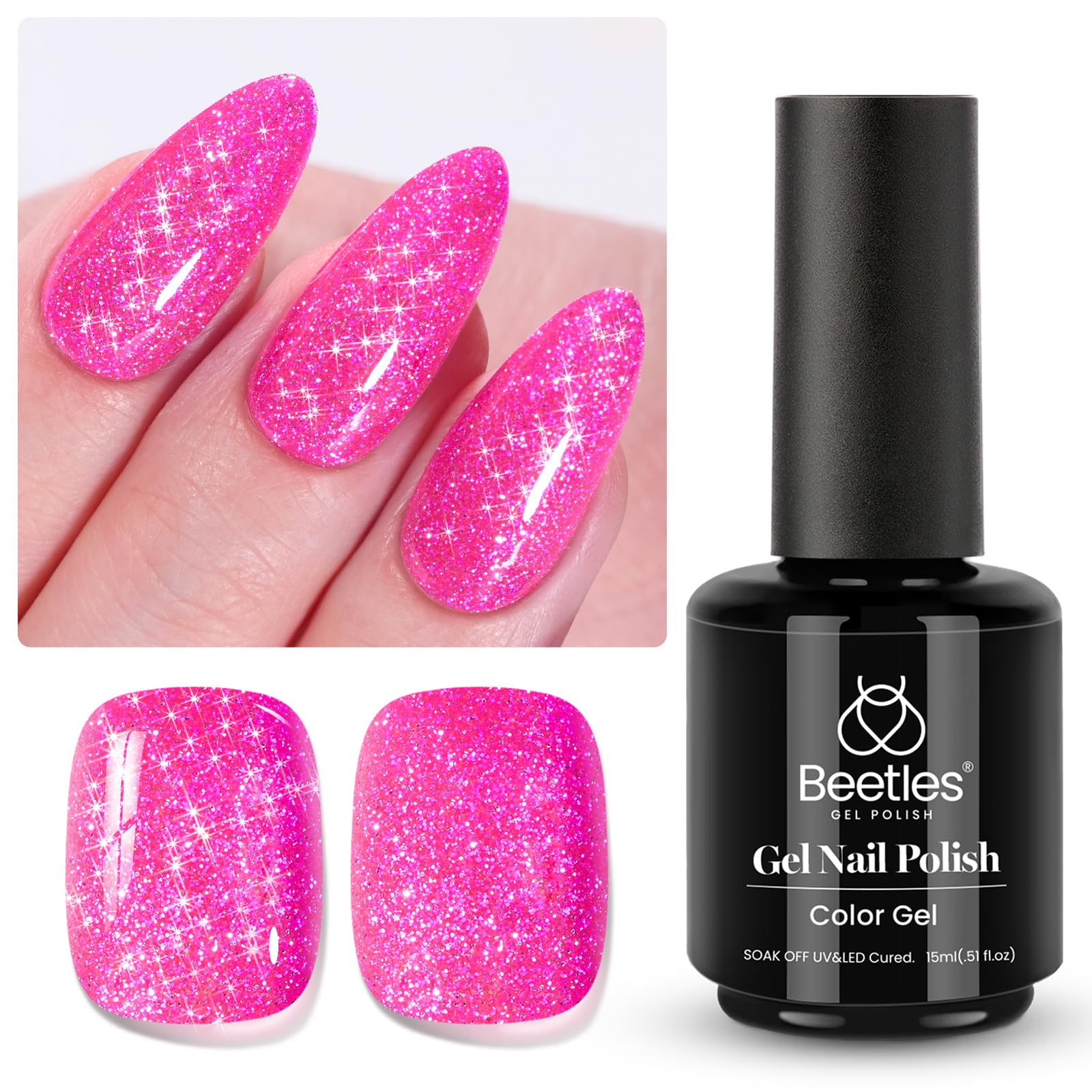 Beetles esmalte gel rosa vivo con brillo y efecto diamante.