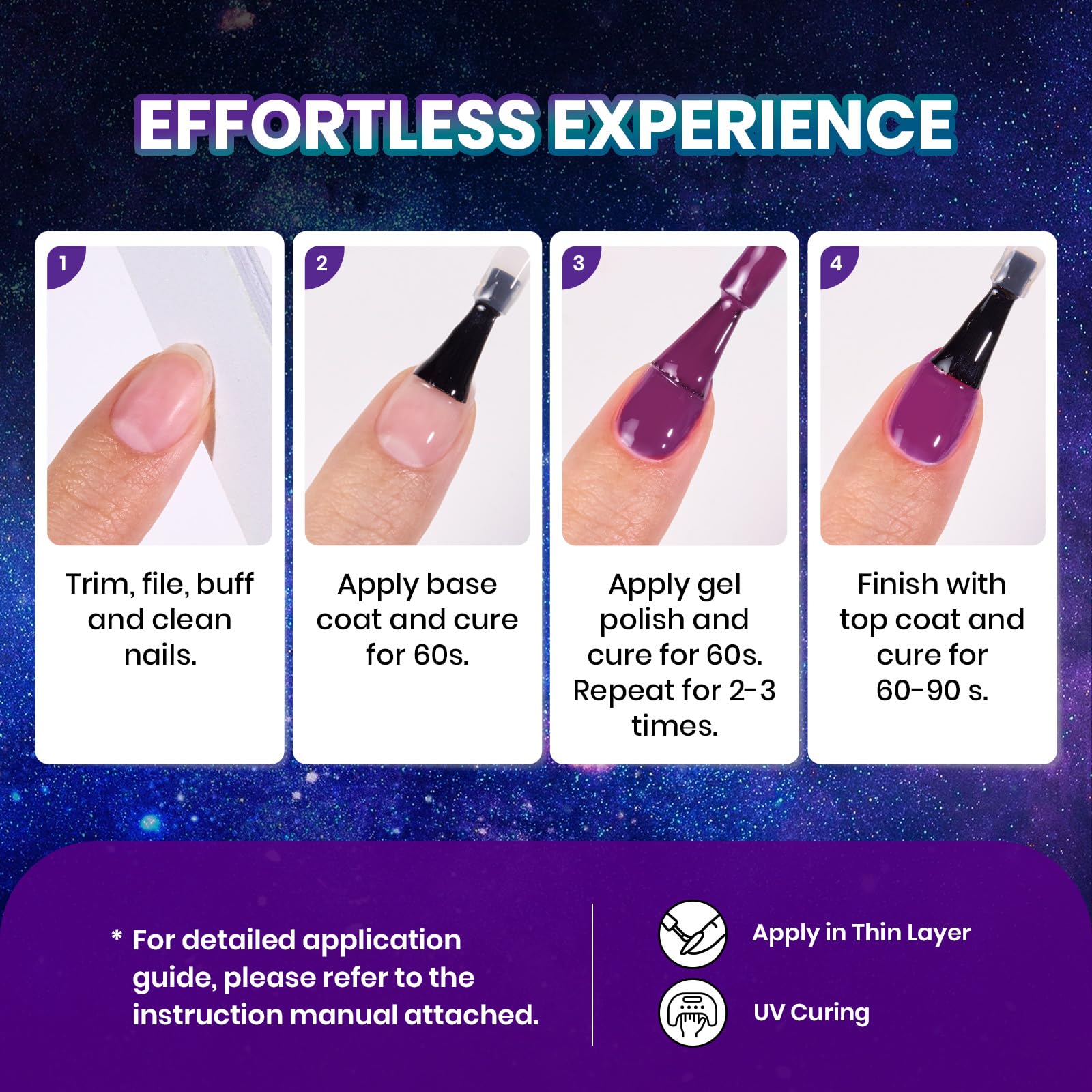 Beetles Esmalte Gel instrucciones simples y curado UV/LED para resultados consistentes.