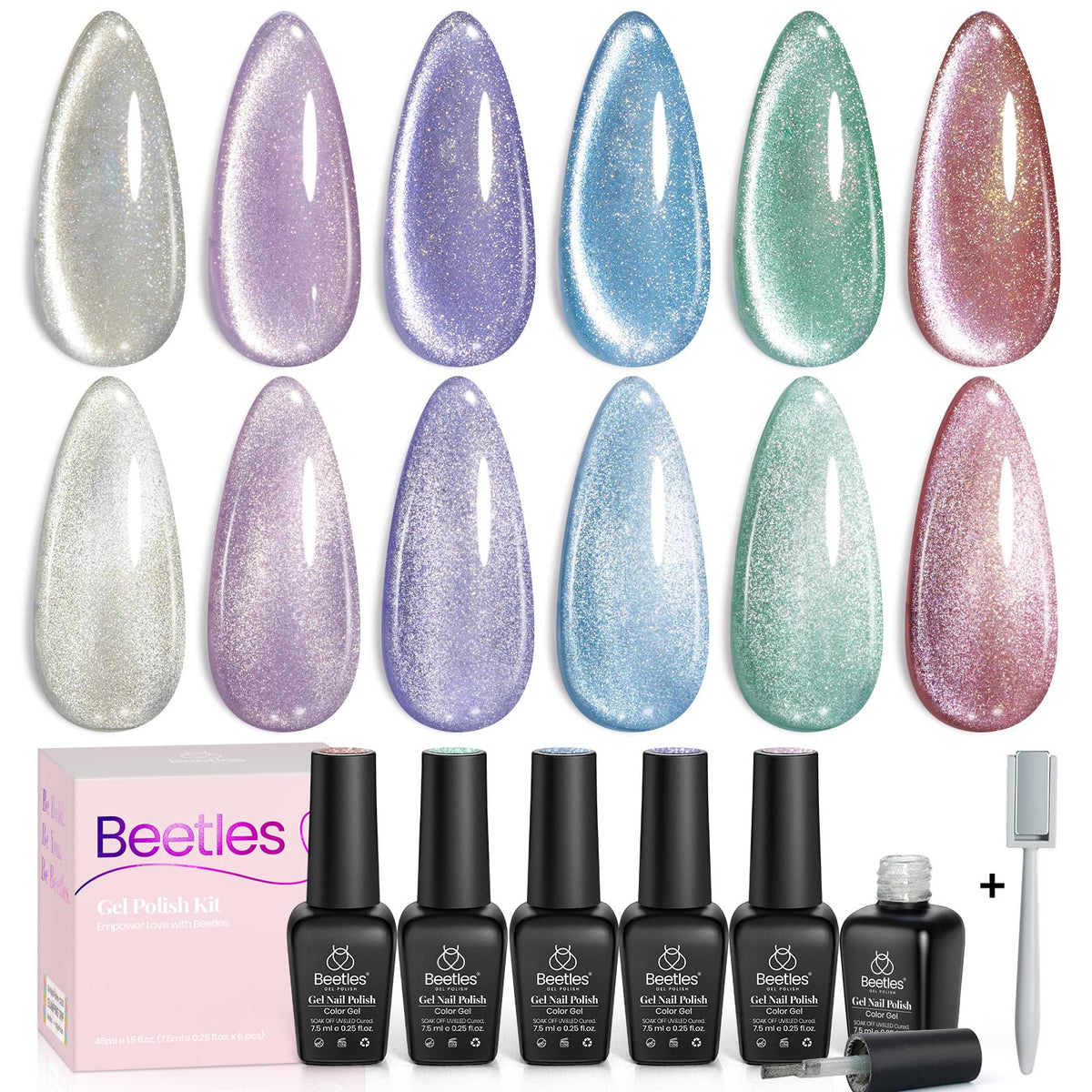 Beetles esmalte gel ojo de gato con 6 colores para efecto deslumbrante.