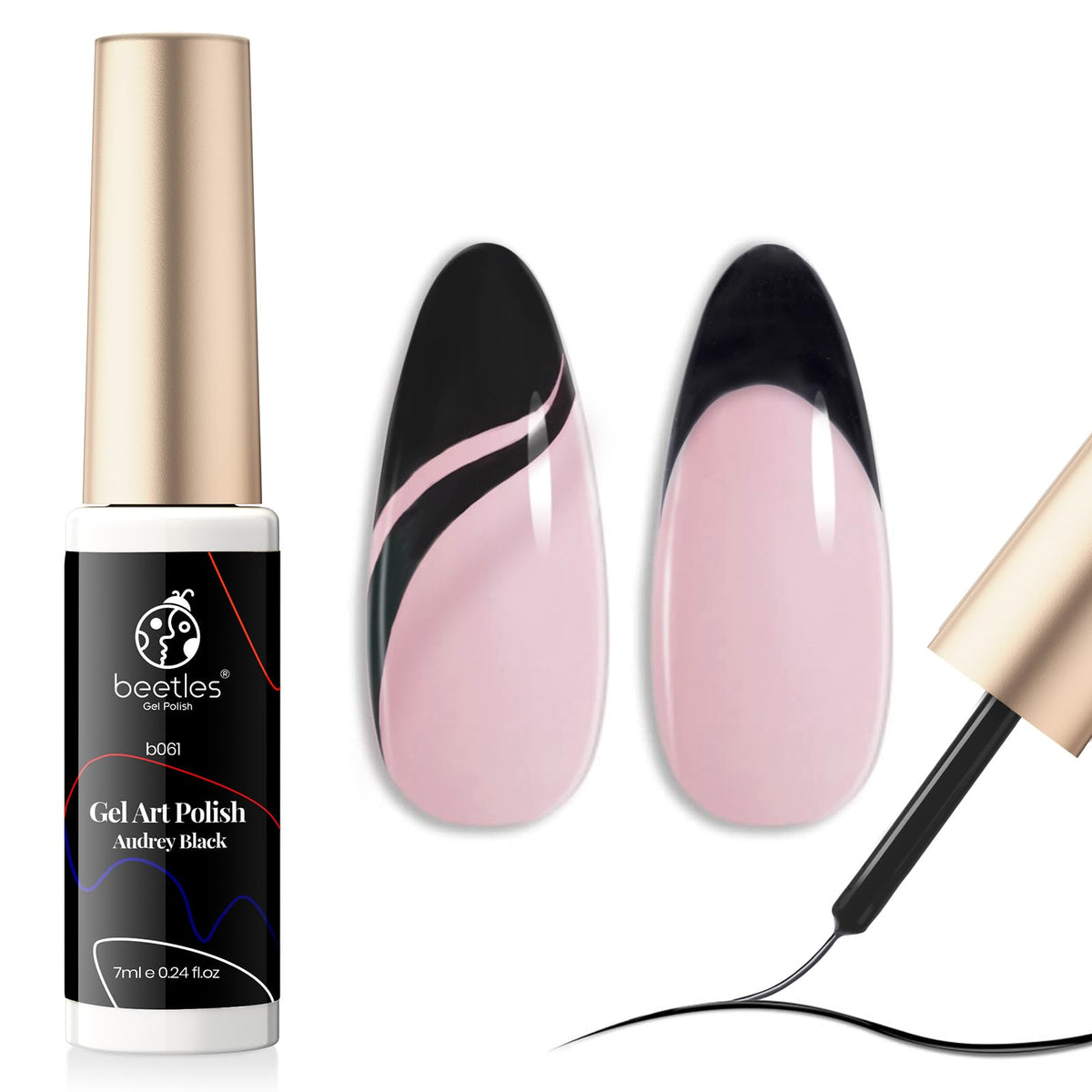 Beetles Gel Polish Liner Negro clásico, listo para líneas finas.