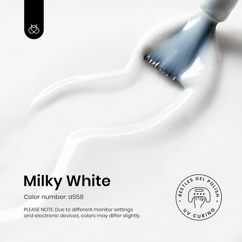 Beetles Milky White Gel Nail Polish, textura semitransparente para cobertura natural y brillo.