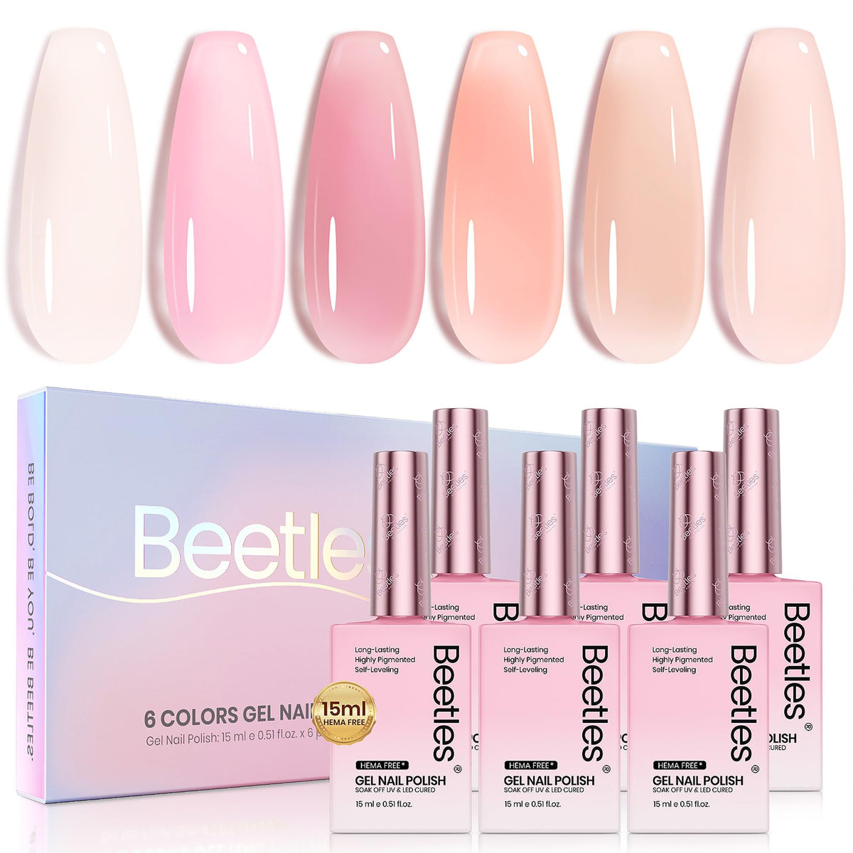 Beetles Esmalte gel nude rosa: botella con los 6 colores para un look elegante.