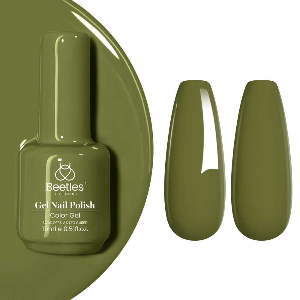 Beetles gel verde oliva, botella para uñas con color elegante.