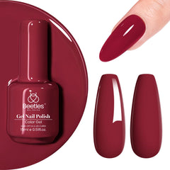 Beetles Esmalte Gel Rojo, botella cercana mostrando color intenso para uñas modernas