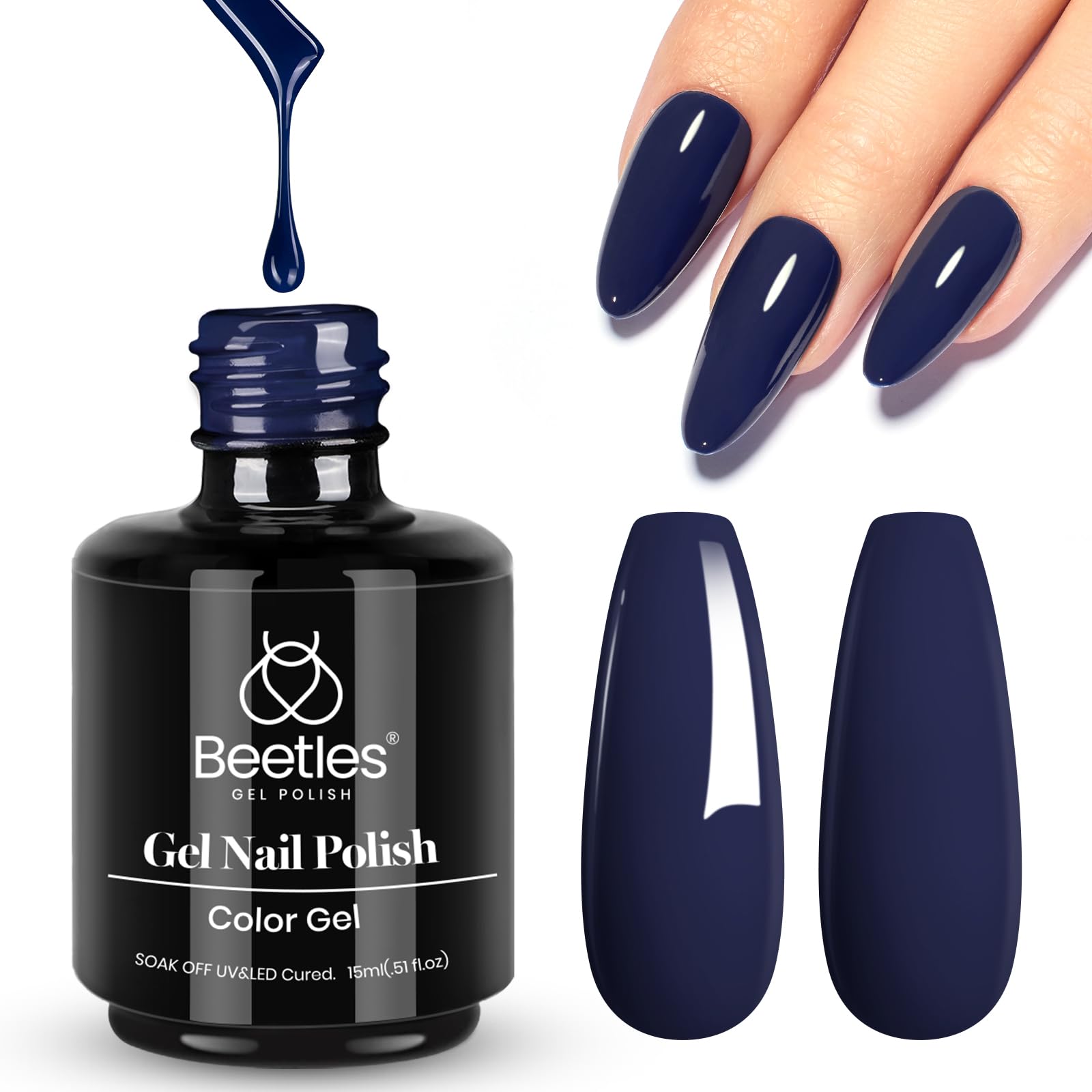 Beetles Esmalte Gel Uñas Azul Medianoche, envase de 15 ml para uso prolongado.