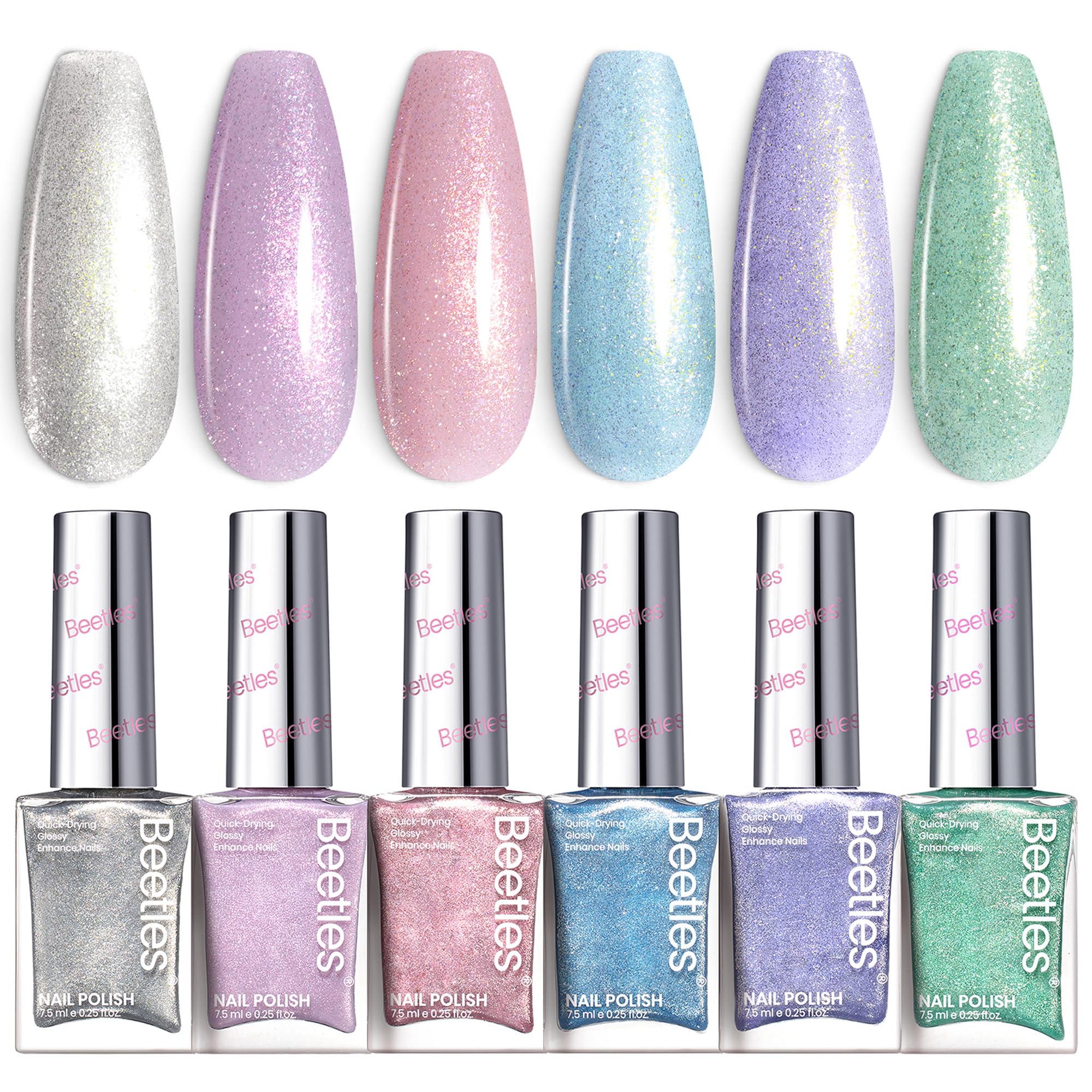 Beetles Glitter Nail Polish Set con seis colores brillantes para uñas.