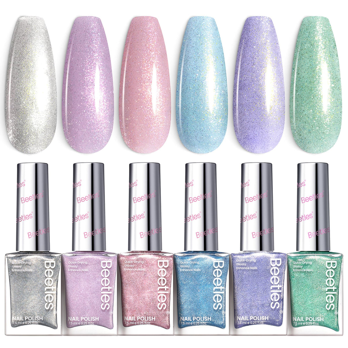 Beetles Glitter Nail Polish Set con seis colores brillantes para uñas.