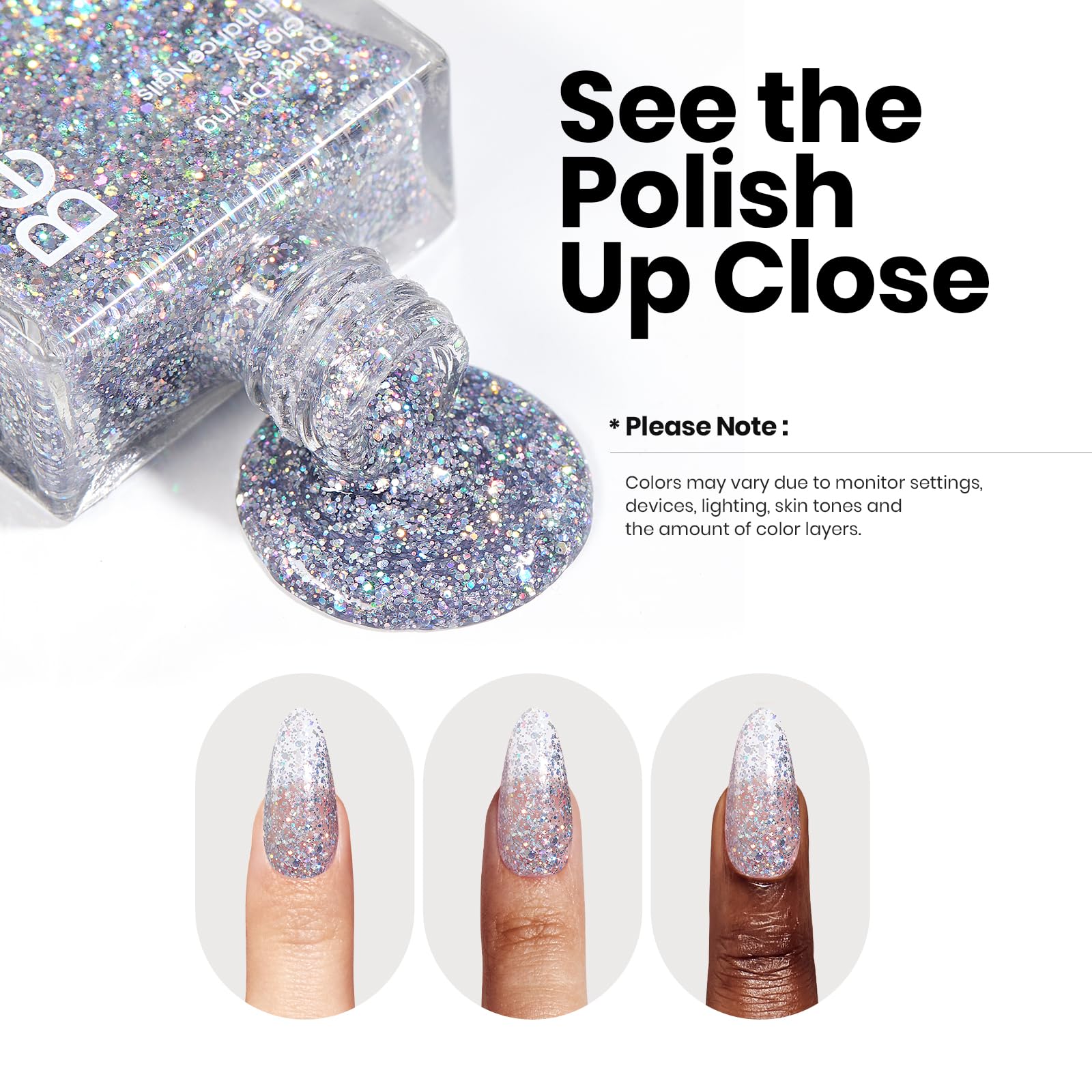 Beetles Gel Polish textura purpurina plata, uñas con brillo definido.