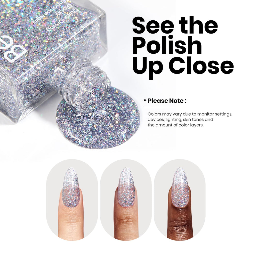 Beetles Gel Polish textura purpurina plata, uñas con brillo definido.