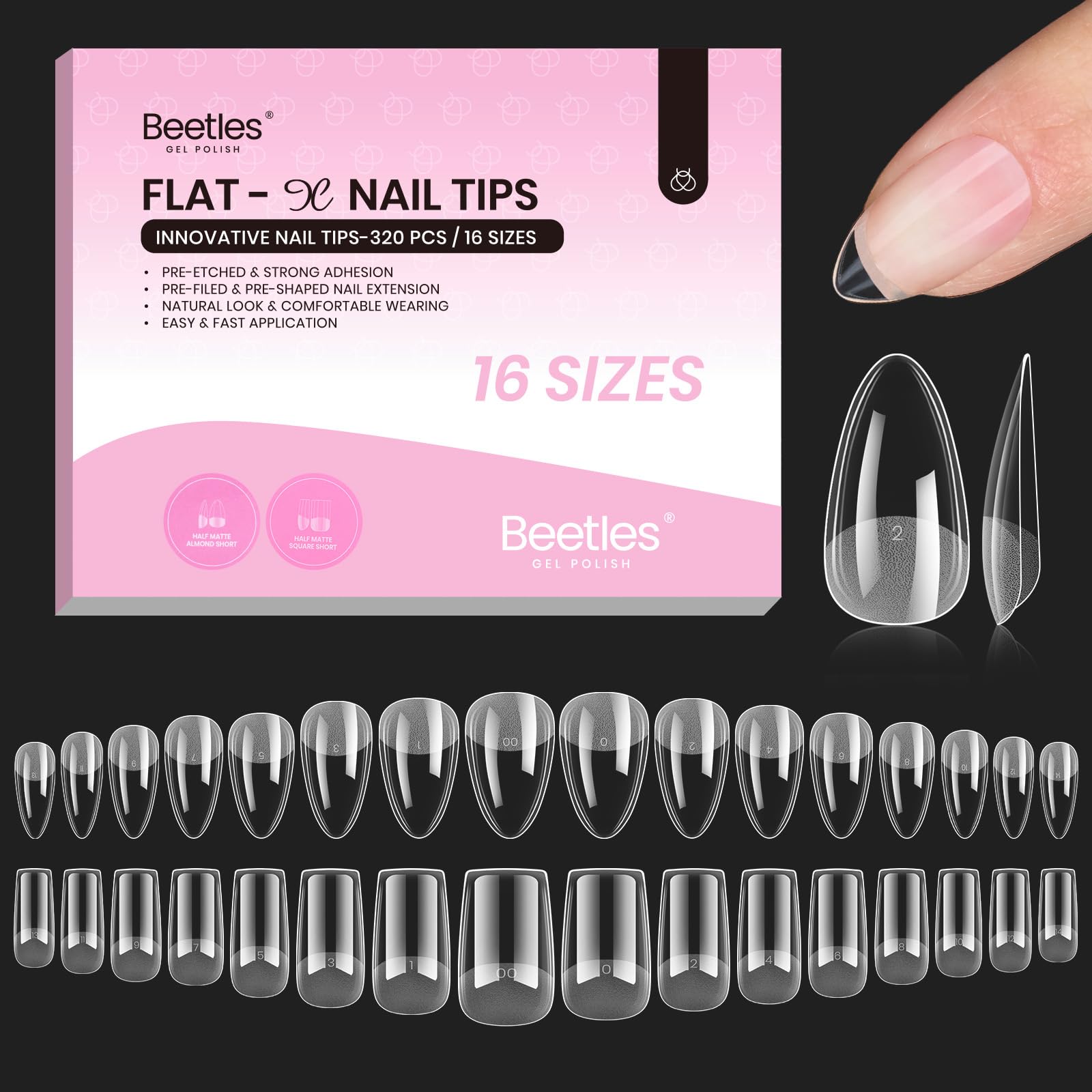 Beetles Flat-X: extensiones almendra-cuadrada para uñas planas con ajuste cómodo.